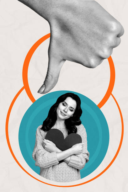 istock 3D collage design composite trend artwork sketch of body language symbol hand sign gesture thumb down dislike young lady hugs heart love 2201669332