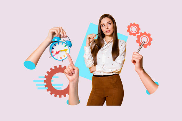 istock Composite artwork photo collage trend template of entrepreneur human resources profession young lady stand think hand hold clock cogwheel 2201669946