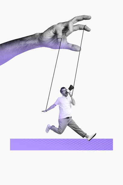 istock Art image vertical photo collage of happy guy run megaphone agitation rope exploitation concept puppeteer hand demote toy 2201670660