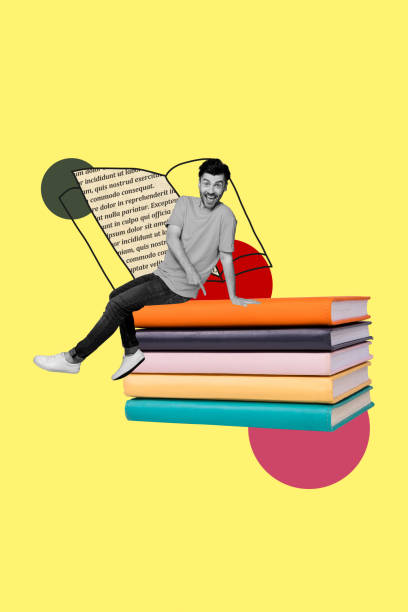 istock Trend artwork sketch design montage 3D collage of young guy sit pile book finger point showing read library student education text 2201670920