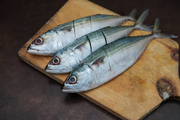 istock Fresh Mackerel Fish On Wooden Chopping Board 2201671689