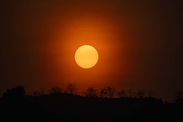 Setting sun creating warm orange glow in the sky over a dark hill with silhouettes of trees