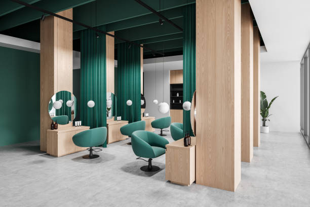 istock Modern salon interior with green accents and wooden partitions. 3D Rendering 2201673974