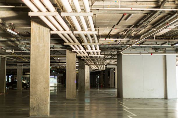 Underground parking lot,New underground parking road landscape,An empty underground parking lot of a shopping center or the interior of a garage with concrete columns.