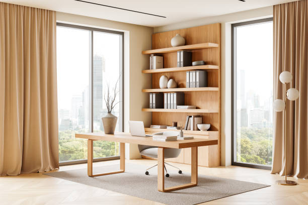 istock Modern executive office interior with wooden desk and shelving, large windows overlooking cityscape, beige curtains, and minimalist decor. 3D Rendering 2201674937