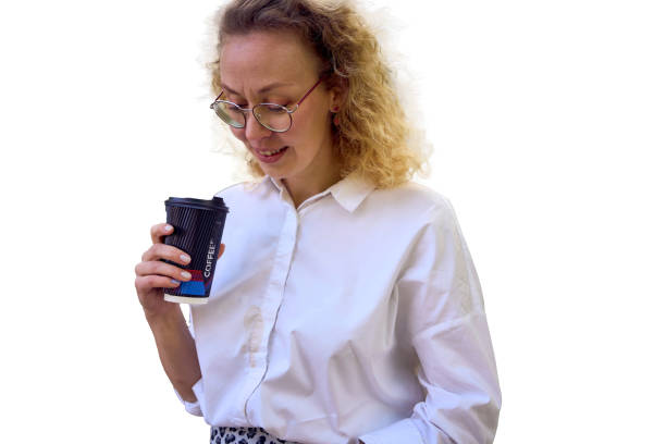 middle age woman in 70s, 80s style clothes spilled coffee on herself during a break isolated, png,