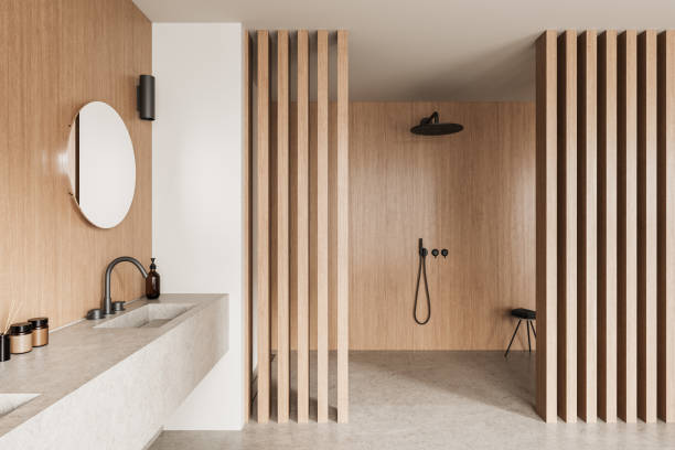 istock Modern wooden bathroom interior with minimalist design. 3D Rendering 2201675371