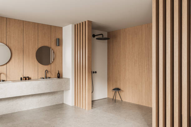 istock Minimalist bathroom interior with wooden paneling and modern fixtures. 3D Rendering 2201675516