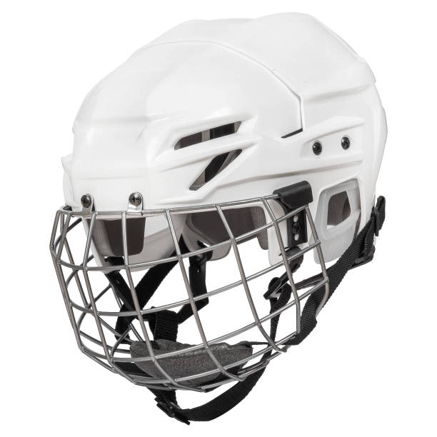 istock Ice hockey new white protective plastic helmet with front metal grill isolated on white background 2201676185