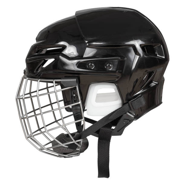 istock Ice hockey new black protective plastic helmet with front metal grill isolated on white background 2201676284