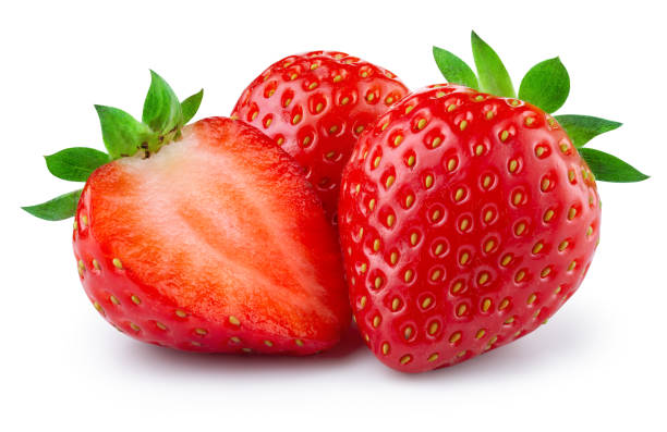 istock Strawberries isolated. Strawberry whole and half on white background. Side view strawberry with leaf. Perfect retouched. Full depth of field. With clipping path. 2201677717