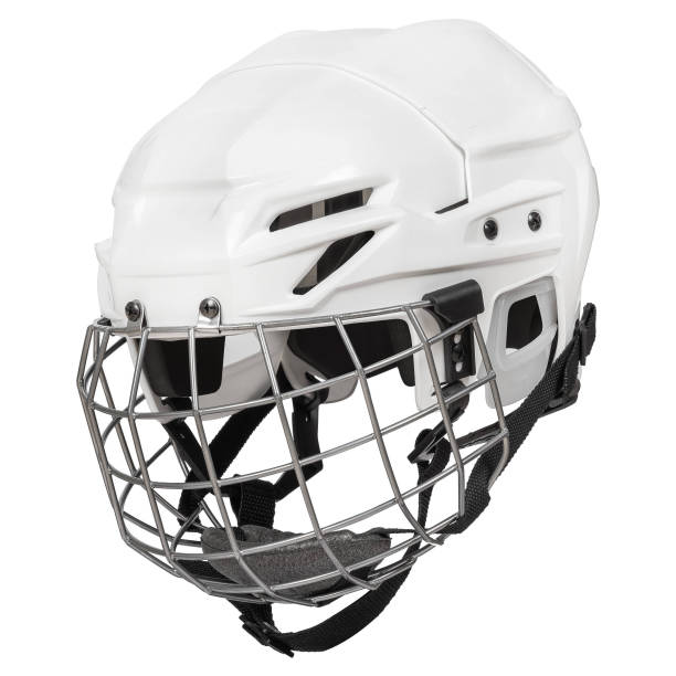 istock White plastic hockey helmet with protective net on white background 2201678797