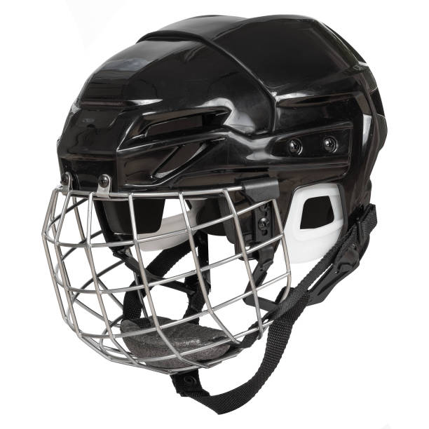 istock Black plastic hockey helmet with protective net on white background 2201678891