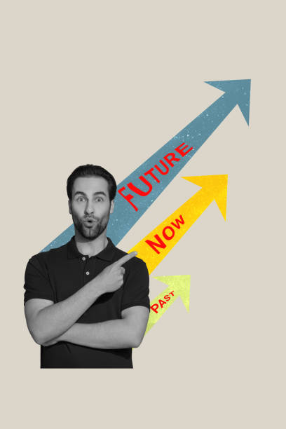 istock Composite 3D collage trend artwork template design of goal challenge aim young man finger point arrow way direction future now past choose 2201680174