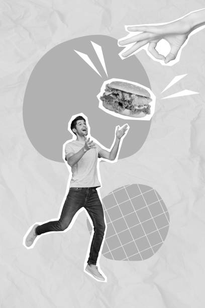 istock Creative magazine image collage of young guy mcdonalds client catch his order yummy meat beef burger 2201680537