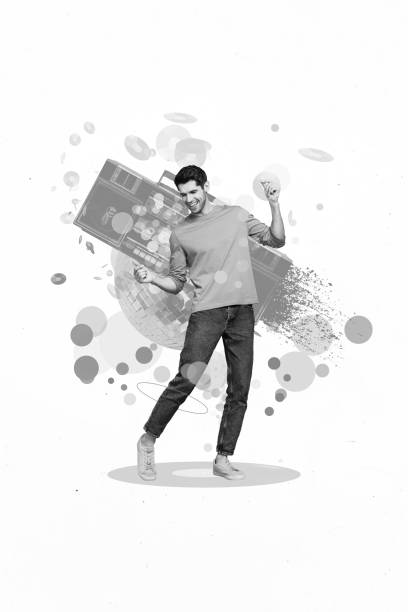 istock Vertical collage image of excited cheerful black white colors guy dancing drawing vinyl record boombox isolated on creative background 2201680585