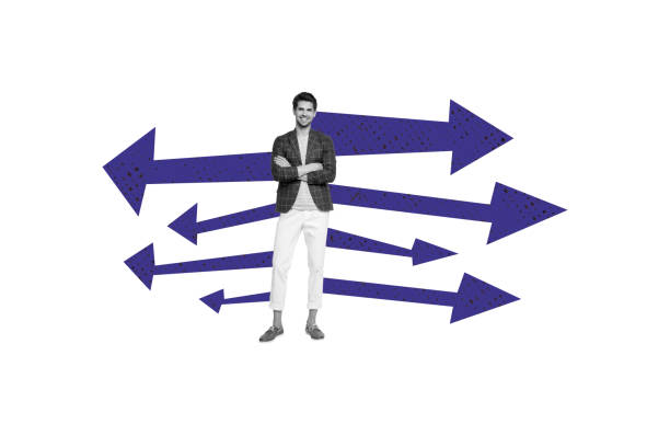 istock Exclusive art banner collage of happy businessman stand crossed hands arrow development pointer success career growth concept 2201680607
