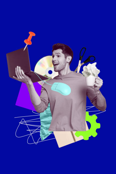 istock Creative 3D photo collage trend artwork template of young man multitasking hold laptop cup drink disk data human resources hiring manager 2201680695