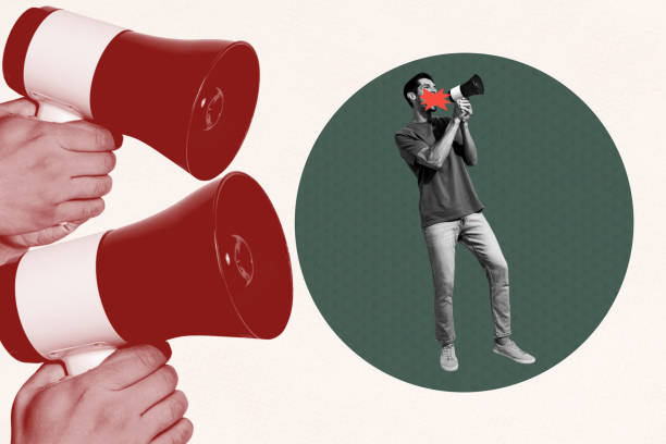 istock 3D collage trend artwork composite sketch poster of young man stand proclaim loudspeaker hate leader revolution opinion vote strong right 2201680701