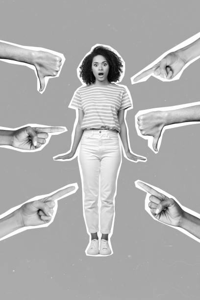 istock Vertical collage image of hand demonstrate thumb down point fingers impressed black white gamma girl isolated on blue background 2201681182