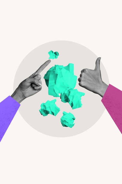istock Exclusive image vertical photo collage of hands point index fingers thumb up cooperation reaction crumpled paper deadline mess 2201681985