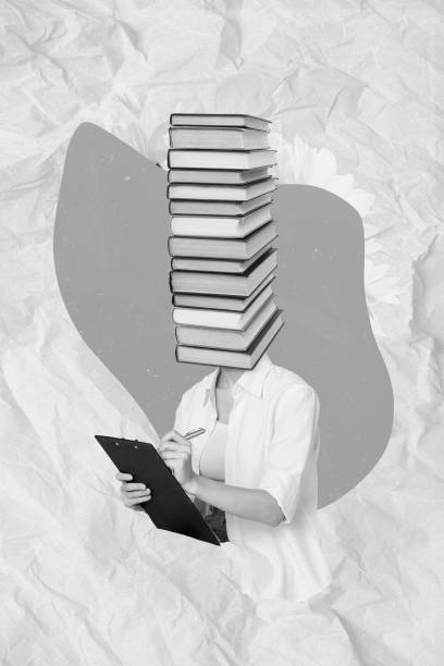 istock Vertical collage portrait of girl pile stack book instead head hold pen write clipboard isolated on painted background 2201682244