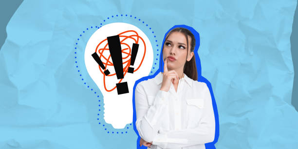 istock Thoughtful woman with lightbulb concept on crumpled blue backgro 2201682296