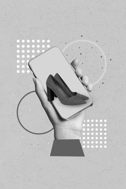 istock 3d retro abstract creative artwork template collage of woman hand hold device support ukrainian products shoe social media online shopping 2201683488