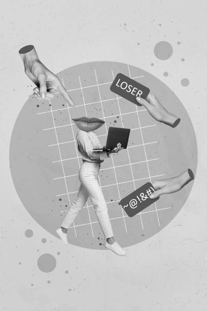 istock Vertical collage image of black white effect girl hold use netbook lips instead head receive hateful angry messages 2201683591