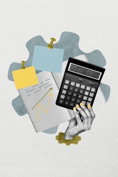 istock Vertical art collage of hand hold calculator tool economy growth gear optimization arrow success pointer memo sticker calculator 2201683760