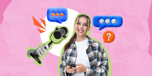 istock Young woman holding a smartphone with colorful speech bubble and 2201684532