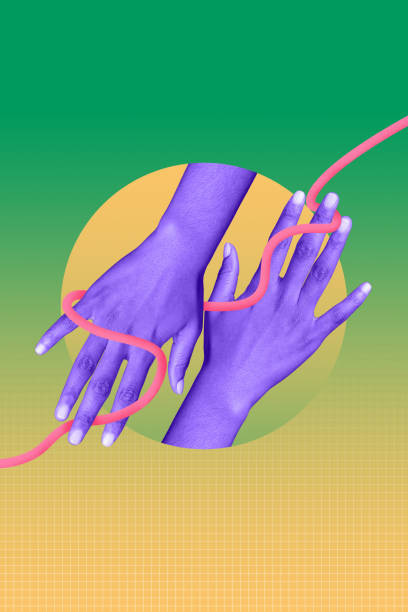 istock Composite sketch design artwork 3D photo collage of two hands purple sken hold different direction finger body language gesture showing 2201684792