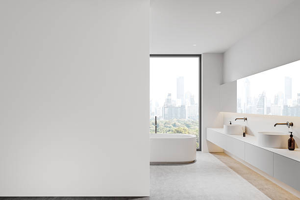 istock Modern bathroom interior with empty wall mockup and cityscape view. 3D Rendering 2201685371