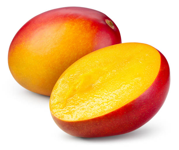 istock Mango isolated. Whole ripe red mango and a half on white background. Fresh mango with clipping path. Full depth of field. 2201685978