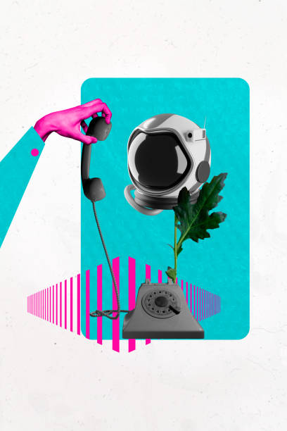 istock Composite vertical art collage of hand hold retro telephone handset call center operator work leaf cosmonaut helmet helpline 2201686548