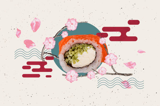 istock Trend artwork template 3D collage sketch of big size sushi roll seafood chopsticks snack japan eastern traditional culture sakura nature 2201686567