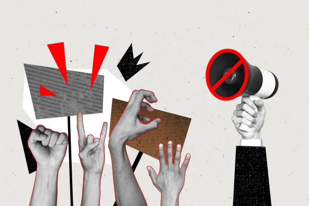 Composite art 3d creative image collage of hands hold megaphone forbidden sign revolution hands hold picket show horns gesture fist.