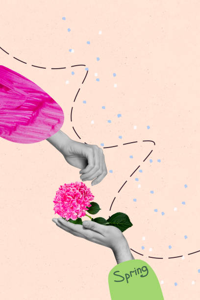 istock Vertical sketch 3d artwork collage poster of hands hold hydrangea flower bloom offer florist spring bud celebration march holiday 2201686673
