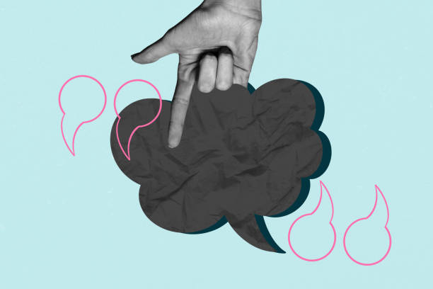 istock Exclusive art banner collage of hand show index finger point cloud communication speech chatterbox quotes conversation phrase 2201686720