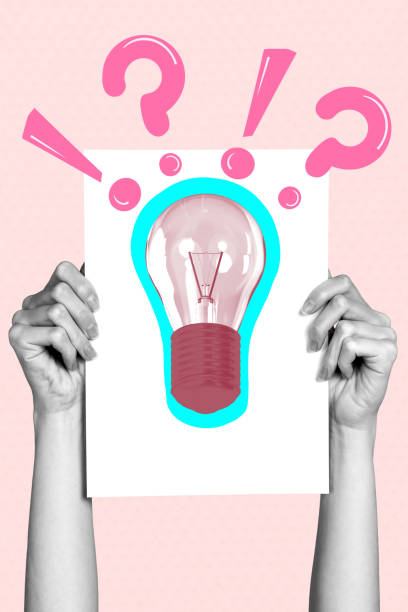 istock Art image vertical photo collage of hands hold paper sheet light bulb power blackout finding plan question exclamation symbol 2201686728
