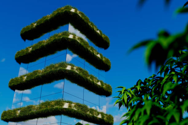 A tall building with a green roof and a tree in the background. The building is surrounded by a lot of greenery, giving it a natural and eco-friendly appearance