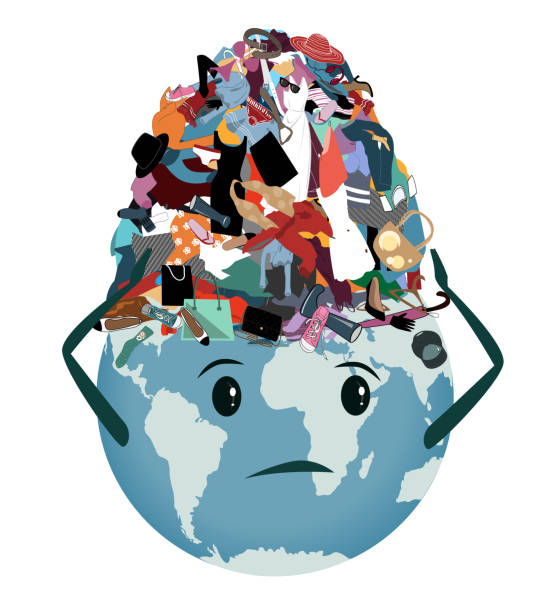 istock Earth planet with a Pile of Useless, Old, Cheap, and Unneeded Clothes on it. Unhappy Earth face. Clothes recycle and environment issues concept. Vector isolated illustration 2201692448
