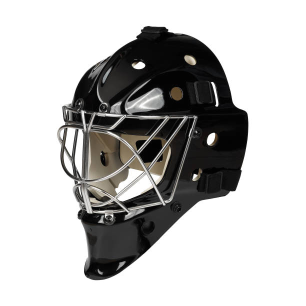 istock A black goalie helmet with a mask on a white background 2201695243