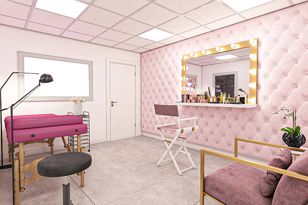 istock Pink and White Makeup Studio Interior with Elegant Furniture and Lighting 2201695994