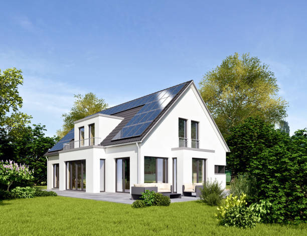istock modern house with a cubic extension and solar panels 2201696390