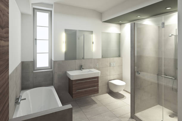 istock Modern bathroom with beige tiles 2201696447