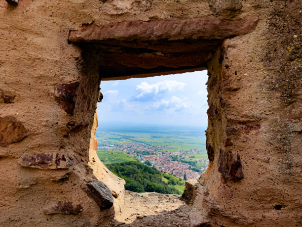 Annweiler, Germany  August 30, 2023: Burg Trifels Illuminated by the Setting Sun in Palatinate Forest seen from Rehbergturm, Rhineland-Palatinate