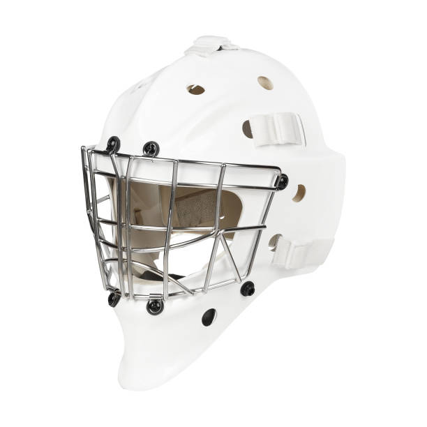 istock A white hockey helmet that features a metal cage surrounding the face 2201697491