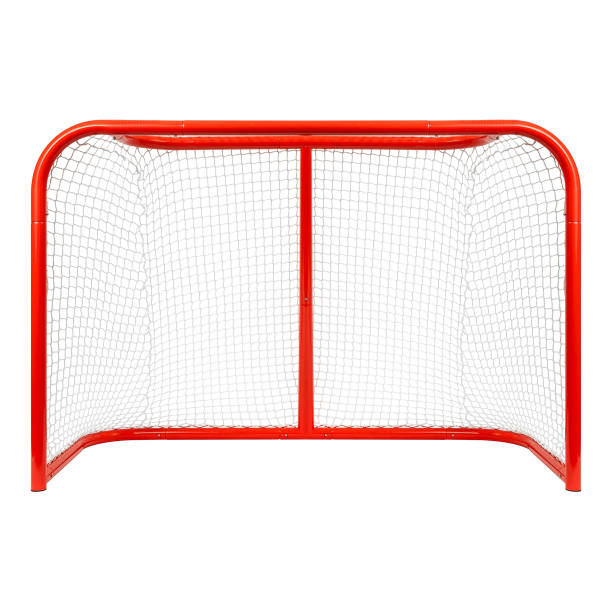 istock A red hockey goal featuring a white net situated against a white background 2201697684