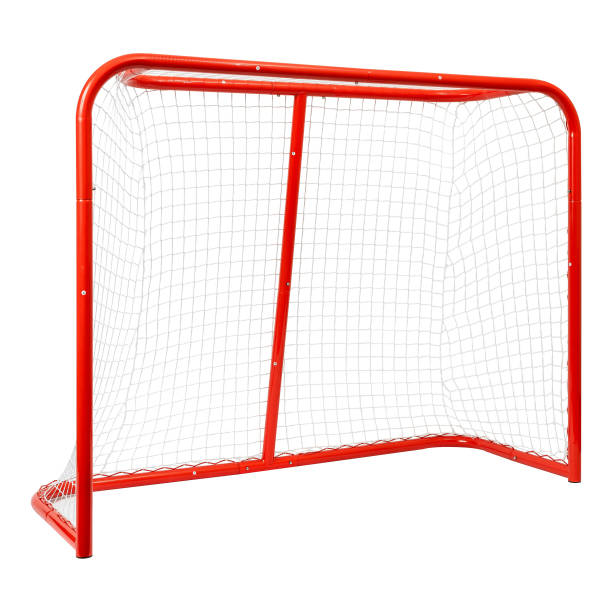 istock A bright red hockey goal featuring a white net against a white background 2201697950